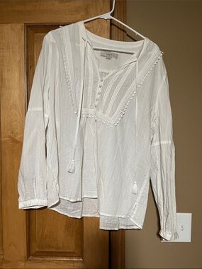 LOFT White Tassel Peasant Blouse with Pom Trim
